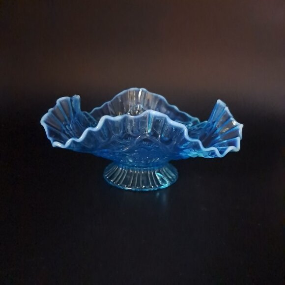 Fenton Blue Art Glass Ruffled Edge Footed Candy Dish Vintage - Picture 1 of 16